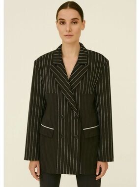 Saint Art Pinstripe Black Tailored Blazer with Notch Lapel